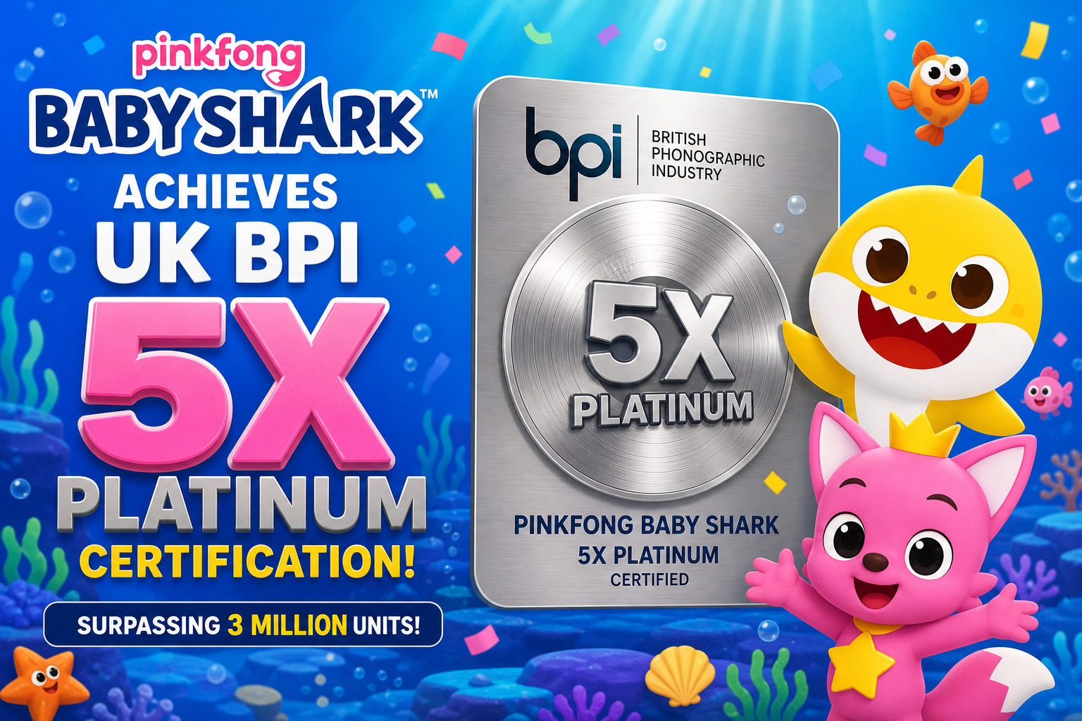 Pinkfong Baby Shark Achieves UK BPI 5X Platinum Certification