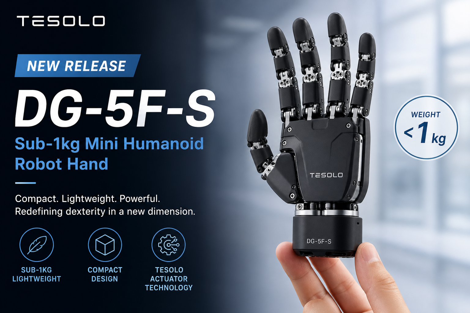 Tesolo Unveils the DG-5F-S, a Sub-1kg Mini Humanoid Robot Hand