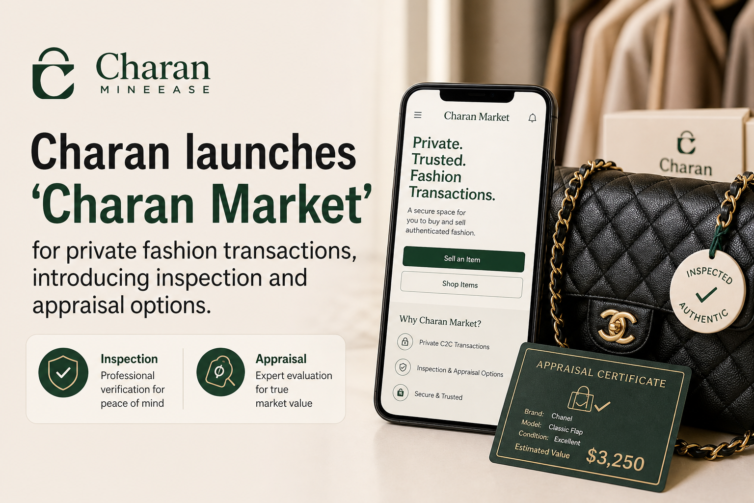 Charan launches 'Charan Market' for private fashion transactions, introducing inspection and appraisal options.
